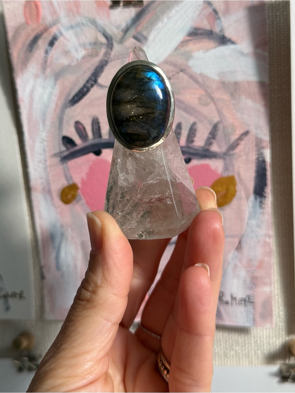 Sterling silver labradorite statement ring size 8